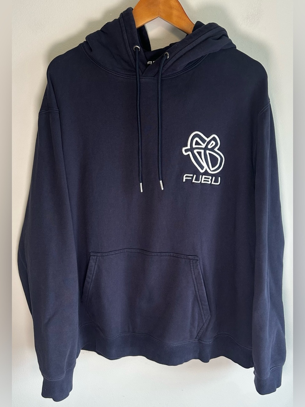 Vintage Y2K Fubu Hoodie Sweater Navy Blue Mens Size XL Hip Hop Pullover Cotton